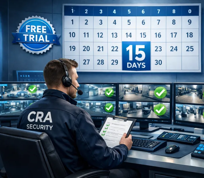 Operador de una CRA con auriculares revisando varias pantallas, junto a un calendario de prueba gratuita de 15 días