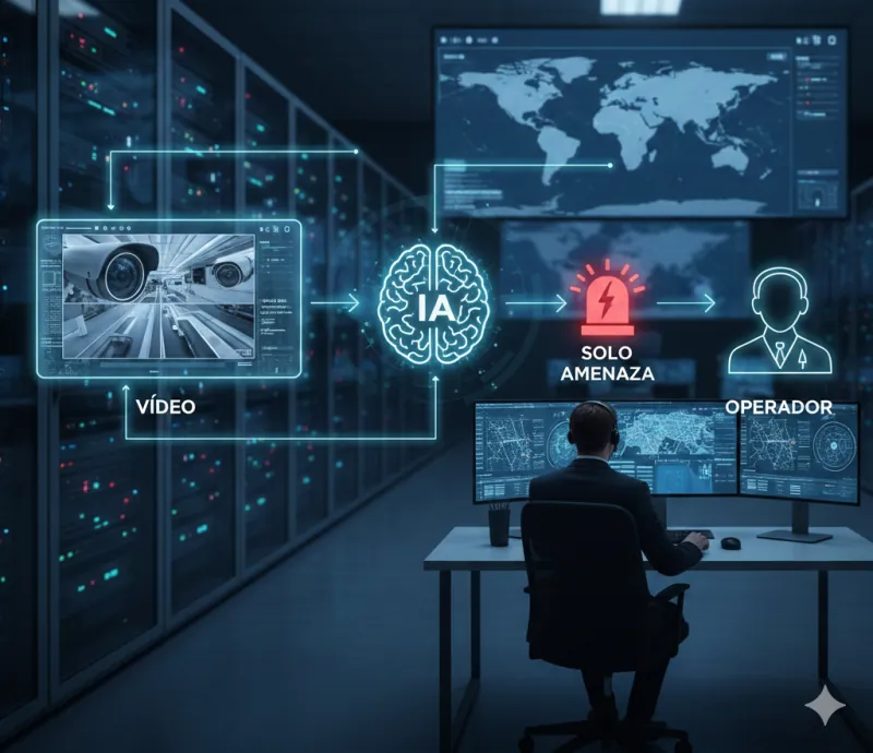 Esquema del flujo de TrueSight AI: el vídeo pasa por la IA y solo las amenazas llegan al operador de la CRA